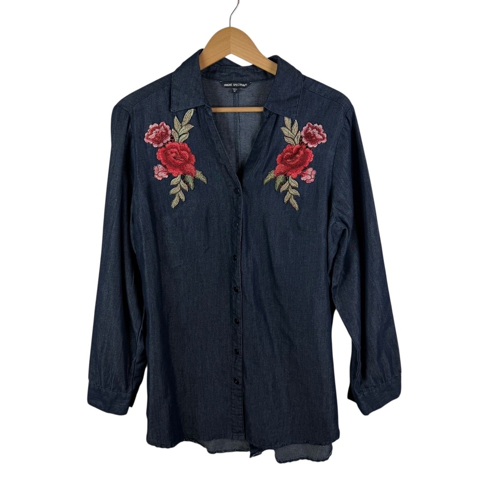 Unique Wash‎ Denim Chambray Embroidered Rose Button Up Tunic Top Size 1X Western
